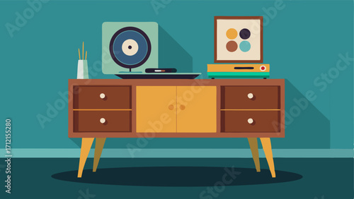 A vintage record player on a sleek midcentury modern sideboard.
