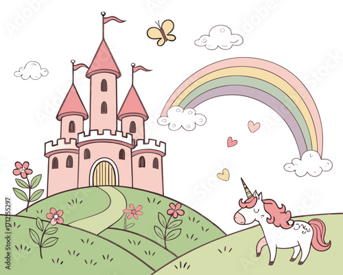 A cute children illustration of a magical fairytale castle on a hill with pastel turrets, a rainbow arching across the sky, fluffy clouds, a unicorn grazing nearby, and butterflies