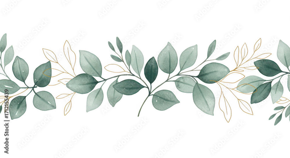 Naklejka premium Elegant Foliage Border Design: A sophisticated illustration featuring a delicate border of green and gold leaves, meticulously arranged to create a visually appealing seamless pattern.