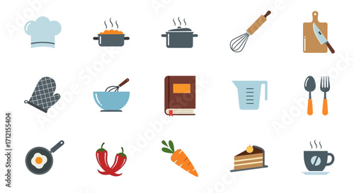cooking icons set kitchenware food preparation.