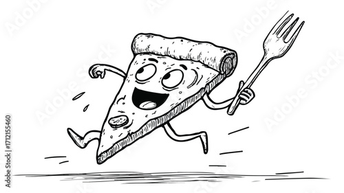 Funny Cartoon Sketch of Pizza Slice Running from Fork - Humorous Food Illustration