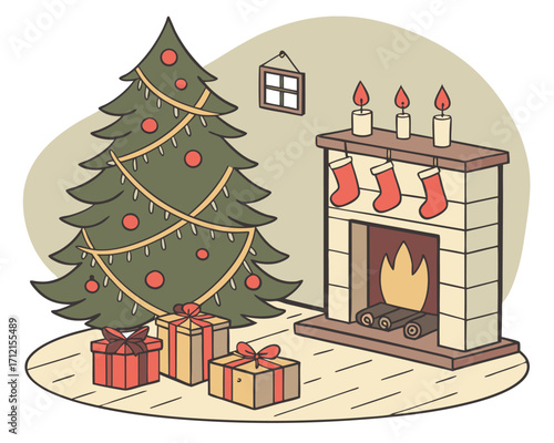 Christmas living room interior with a decorated tree full of baubles and garlands, a fireplace with stockings hanging, wrapped gift boxes on the floor, and a warm glow of candles and fairy lights.
