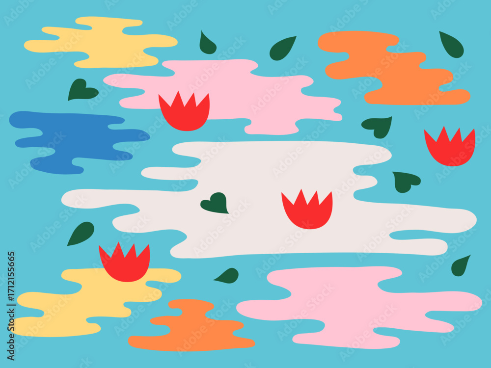 Tropical Banner with Water Pond in Blue with Leaves and Flowers. Abstract Botanical Shapes of Foliage Plants Nature Background Pattern
