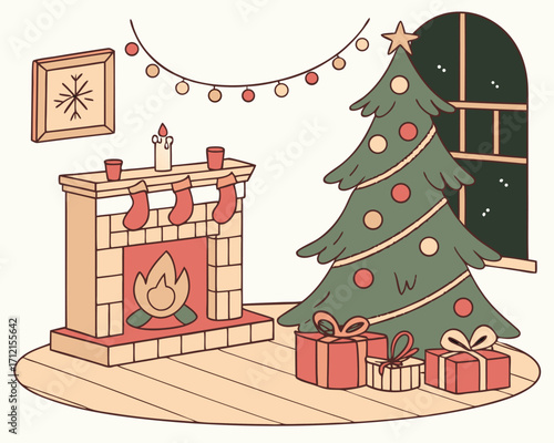 Christmas living room interior with a decorated tree full of baubles and garlands, a fireplace with stockings hanging, wrapped gift boxes on the floor, and a warm glow of candles and fairy lights.