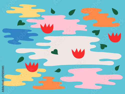 Tropical Banner with Water Pond in Blue with Leaves and Flowers. Abstract Botanical Shapes of Foliage Plants Nature Background Pattern