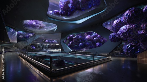 Fototapeta Naklejka Na Ścianę i Meble -  The organic, flowing interior of a futuristic space station with bioluminescent plants.