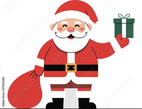 Cheerful santa claus holding a gift and a sack of presents ready for christmas eve delivery