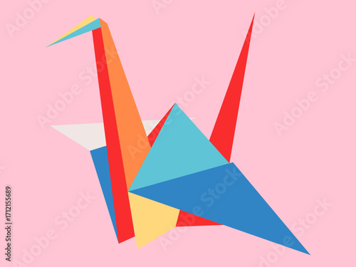 Origami Crane in Abstract Modern Geometric Flat Multi-color Vector illustration. Crystal, 3d Geometric Shape Icon, Logo Design for Flying and Traveling Concept