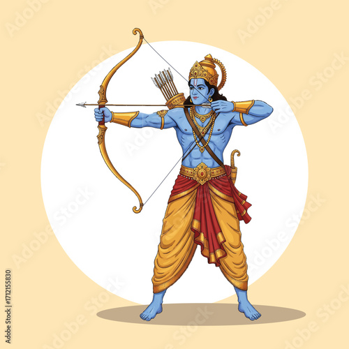 Vector Illustration of Lord Rama Aiming Bow and Arrow in Mythological Pose
