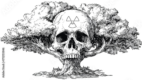 Monochrome Engraving of Radioactive Tree Emerging from Skull