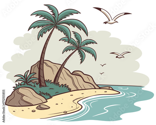 A bright vector scene of a tropical beach island with turquoise waves, golden sand, and three leaning palm trees atop a rocky shore, soft clouds and two seabirds in the sky