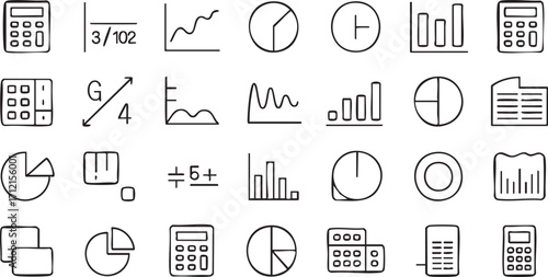 Collection of math and statistics line icons set, vector illustration with calculators, graphs, pie charts, bar charts, equations and data symbols for education, finance and analysis design