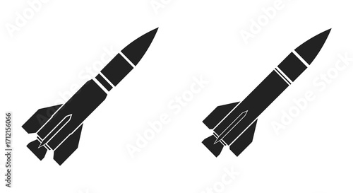 Two black silhouette missiles depicted in a simple graphic style