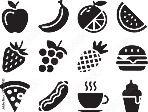 Fresh fruit icons and fast food collection