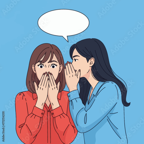 Two Women Share a Confidant Moment in Conversation, Bright Blue Background, Illustration Style