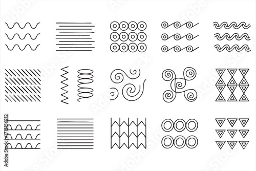 Abstract design symbols collection including waves, zigzag and geometric pattern icons