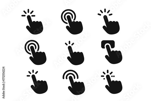 Hand cursor click icon set. Finger pointer, press, and tap gestures for user interface. Touch screen interaction symbols. Website button and digital communication concept.