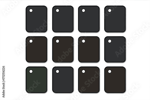 Dark color palette swatches collection. Black and gray tones sample set for design projects. Vector paint chips guide for artistic inspiration and decoration catalog.