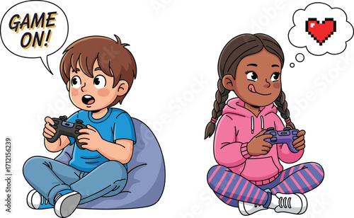 Children playing video games, cartoon kids illustration, gaming fun, childhood joy, friendship, console play, excited boy, focused girl, digital entertainment, fun time