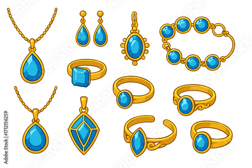 Vector cartoon jewelry set. Golden ring, necklace, earrings, bracelet and pendant with blue gems. Magic treasure or game assets. Luxury precious accessories collection.