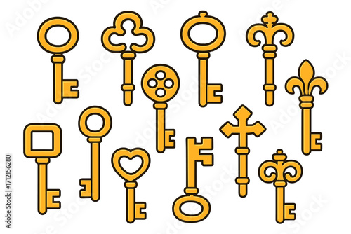Golden vintage keys set. Antique skeleton key cartoon icon collection. Vector illustration for mystery, treasure hunt, escape room game. Unlock secret, solution concept.