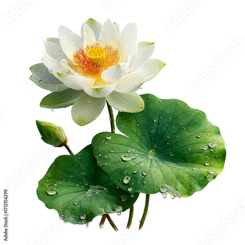 Pristine White Water Lily Blossom and Bud with Dewdrops on Black