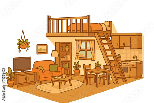 Cozy interior design of a small loft apartment. Vector cartoon illustration of a tiny house. Functional furniture layout for a modern studio. Room with kitchen and loft bedroom.