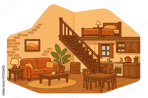 Cozy interior design of a small loft apartment. Vector cartoon illustration of a home with a living room, kitchen, and loft bedroom. Functional furniture and warm colors.