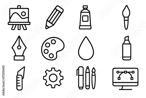 Art and design line icon set. Creative tools for graphic designers. Vector symbols for drawing, painting, digital illustration. Pen tool, palette, brush, canvas, easel, computer.