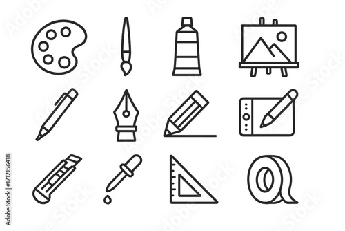 Creative tools line icon set. Art and design essentials outline collection. Vector symbols for drawing, painting, and digital art. Artist supplies and graphic design elements.