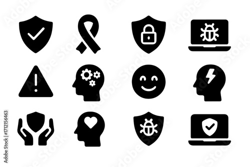 Cyber safety and mental health solid icon set. Digital wellbeing, online protection, and awareness symbols. Vector glyph collection for psychology, security, and technology.