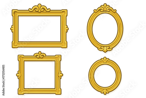 Set of decorative golden frames. Ornate vintage picture border collection for art gallery or interior design. Classic baroque vector cartoon illustration with various shapes.