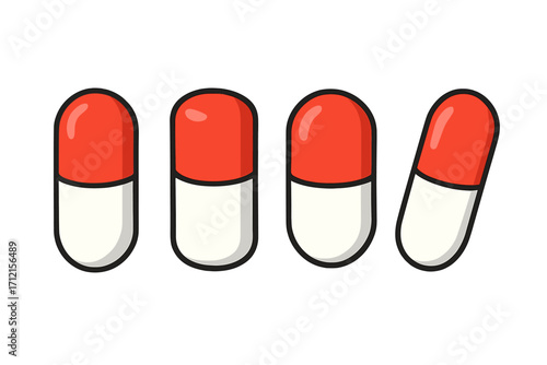Pill capsule vector icon set. Pharmacy drug medicine illustration. Pharmaceutical healthcare treatment concept. Red antibiotic painkiller dose. Medical vitamin symbol.