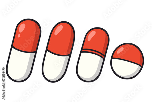 Pills and capsules vector set. Red and white medicine tablets collection. Pharmaceutical drug, vitamin, supplement, and painkiller dosage icon for healthcare and pharmacy design.