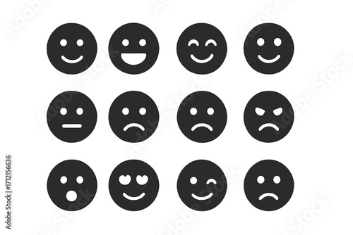Emoticon solid icon set. Expressive faces for mood feedback. Emoji chat symbol collection. Vector smiley face illustration for satisfaction rating and customer review.