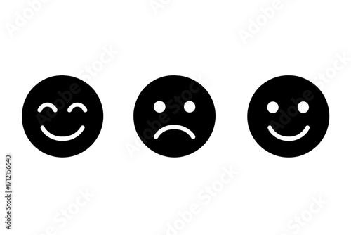 Emoji silhouette icon set for feedback, rating, and customer satisfaction. Vector emoticons showing happy, sad, and smiling faces. Simple flat design for surveys or reviews.