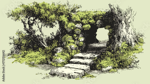 Tranquil Rustic Moss Covered Walkway in Bark Shaded Alcove