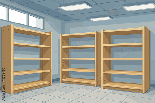 Empty wooden shelving units in a modern storage room. Warehouse or stockroom interior. Concept for out of stock, shortage, supply chain issues, organization. Vector cartoon.