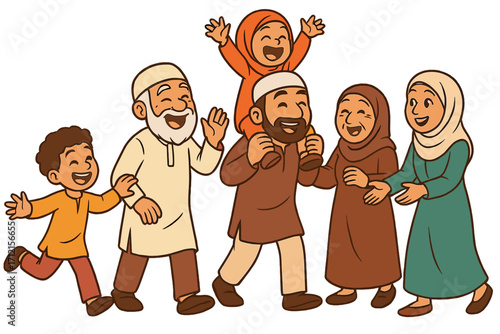 Happy multi-generational Muslim family with grandparents, parents, and children in traditional clothing celebrating Eid. Joyful cartoon vector illustration of togetherness.