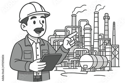 Engineer with tablet inspects industrial plant operations. Factory worker supervisor points out improvement areas. Manufacturing, production, energy industry, quality control.