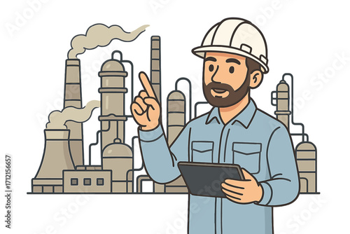 Engineer with tablet assesses industrial plant operations. Male character in hard hat at factory points out improvements. Vector illustration for production & manufacturing.