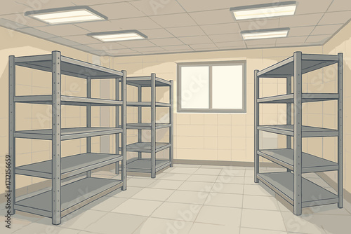 Vector illustration of a clean, empty storage room interior. Modern warehouse or basement with empty metal shelving units. Concept of stock shortage, organization, or supply.