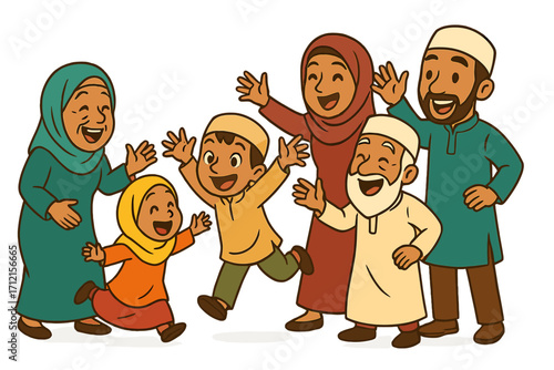 Vector cartoon of happy multi-generation Muslim family. Grandparents, parents and children in traditional clothes celebrating Eid or Ramadan. Joyful Islamic characters.