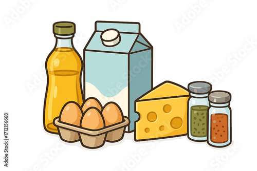 Grocery items vector illustration with cooking ingredients oil, milk, eggs, cheese, spices. Cartoon of basic food staples for kitchen, supermarket, isolated on white.