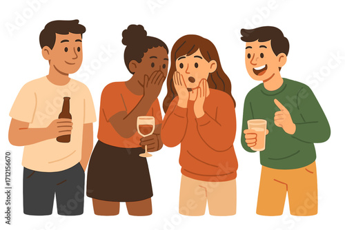 Friends gossip concept. Woman whispering secret in ear of shocked friend. People telling rumors at a social gathering. Spreading confidential information. Cartoon vector illustration.