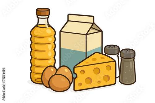 Grocery items vector cartoon illustration. Fresh food for cooking and baking. Milk, eggs, cheese, oil, salt, pepper ingredients. Simple kitchen display isolated on white background.