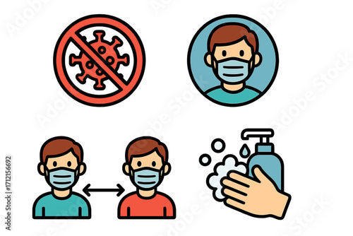 Pandemic prevention icons set. Health and safety measures against infectious disease. Wear face mask, wash hands, social distancing, and stop virus symbols. Vector illustration.