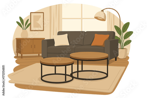 Modern living room interior design with furniture. Cozy home decor with sofa, round wooden coffee tables, plant and lamp. Stylish apartment scene. Vector cartoon illustration.