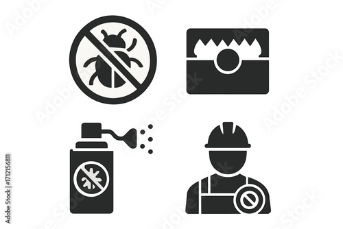 Pest control solid icon set. Bug, insect prohibition sign, pest management trap, insecticide spray can and exterminator worker glyphs. Vector cartoon illustration.