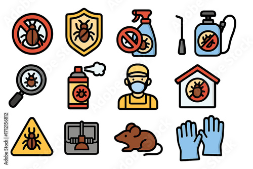 Pest control service filled outline icon set. Insect management and rodent prevention essential vector collection. Symbols for exterminator, disinfestation, and bug spray.